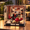 KGBOX Collector acrylic display case for LEGO 21371 Wallace & Gromit with the motorcycle build inside – LED-lit base text, illuminated engraved insert panel, UV-printed brick garage backdrop, magnetic front