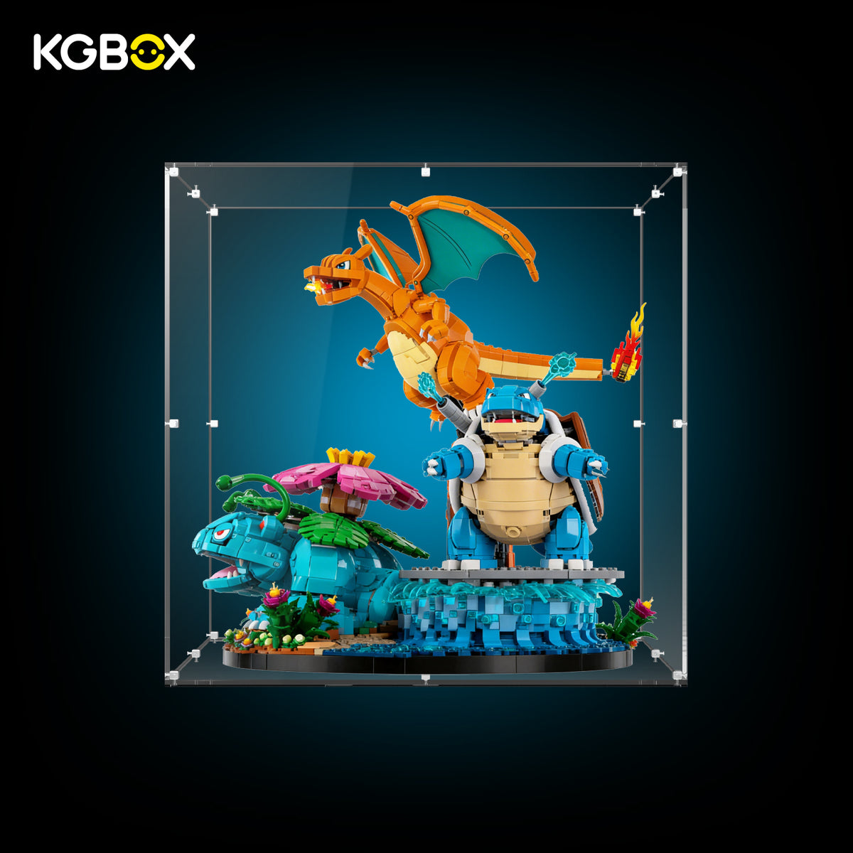KGBOX transparent display case for LEGO 72153 Venusaur, Charizard and Blastoise with LEGO builds inside – fully clear 5mm acrylic