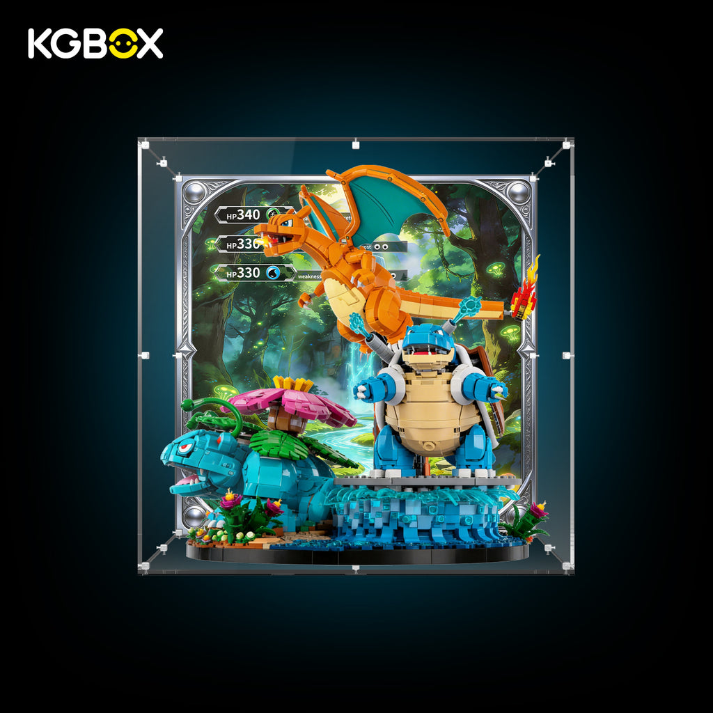 LEGO 72153 Venusaur, Charizard and Blastoise display case with UV print, backdrop detail – KGBOX