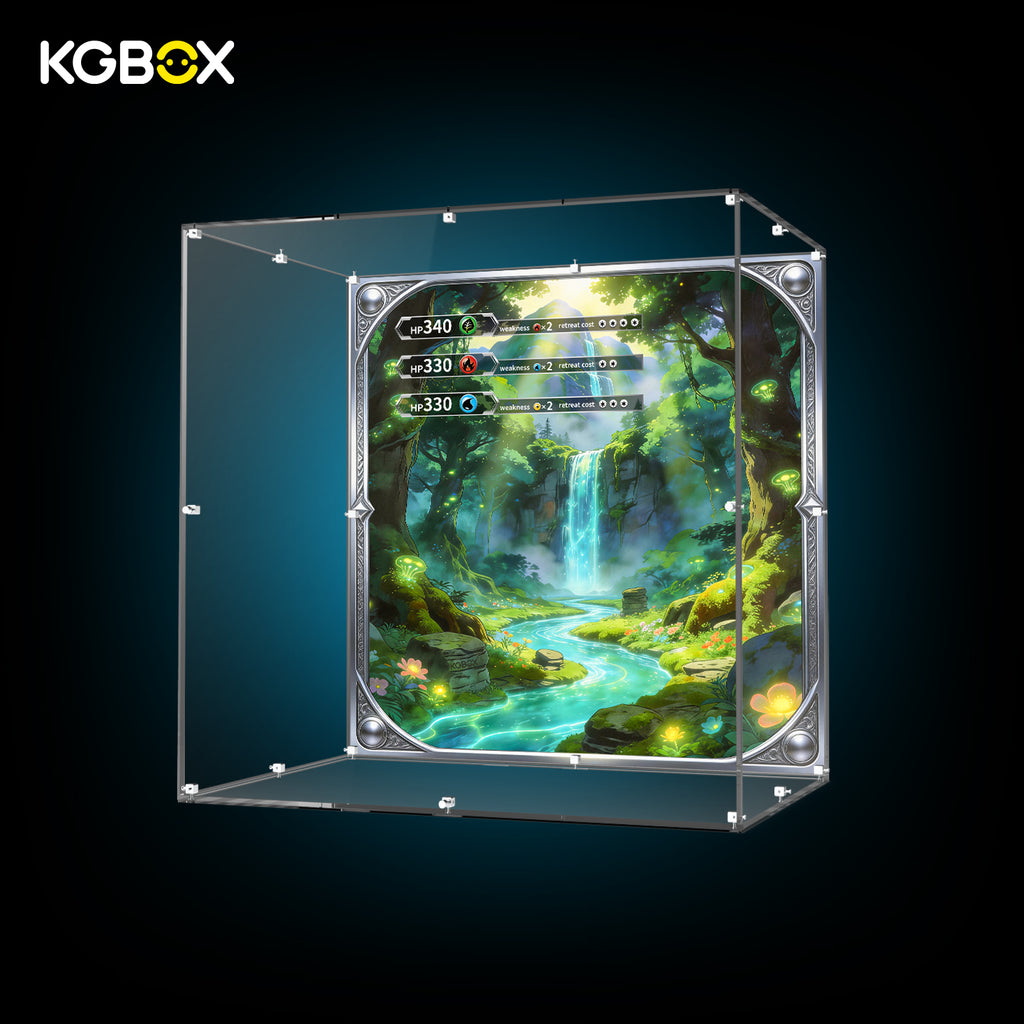 LEGO 72153 Venusaur, Charizard and Blastoise display case with UV print, empty angled view – KGBOX