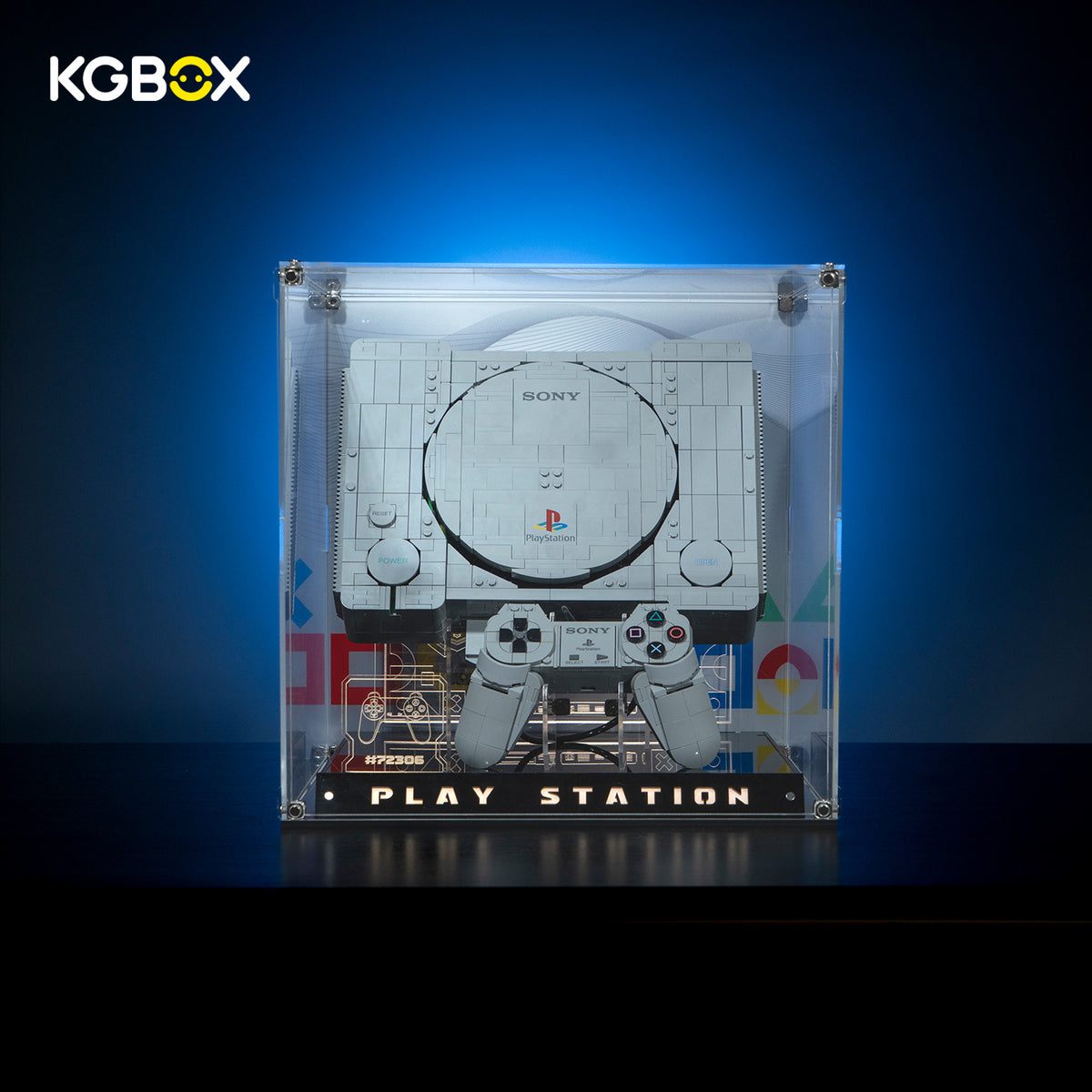 LEGO 72306 PlayStation collector lit display case front view with glowing PLAY STATION base – KGBOX