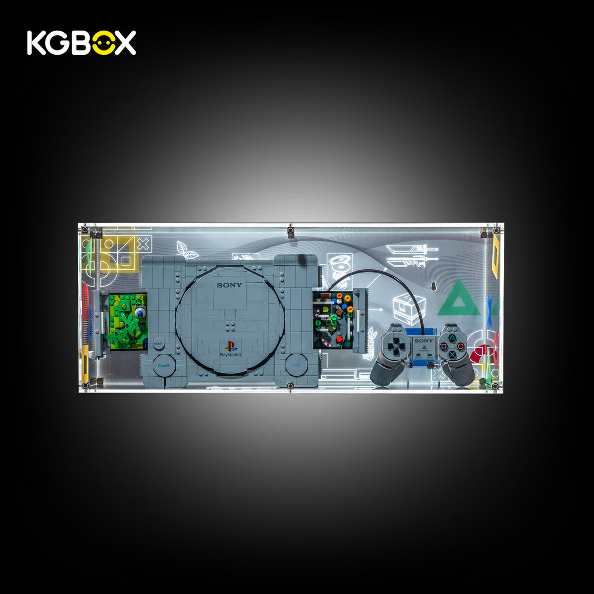 LEGO 72306 PlayStation in KGBOX Slim Backlit Edition horizontal acrylic display case with lit PS backdrop, front view – KGBOX