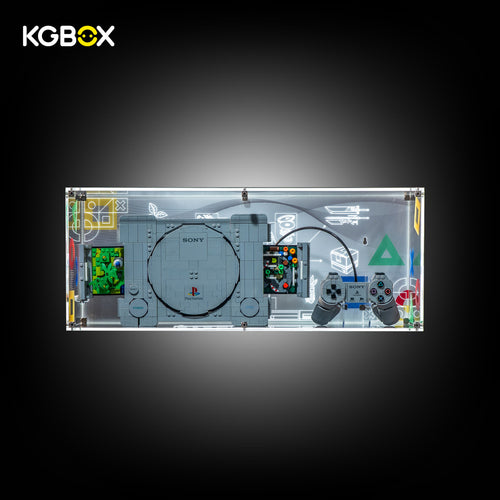 LEGO 72306 PlayStation in KGBOX Slim Backlit Edition horizontal acrylic display case with lit PS backdrop, front view – KGBOX