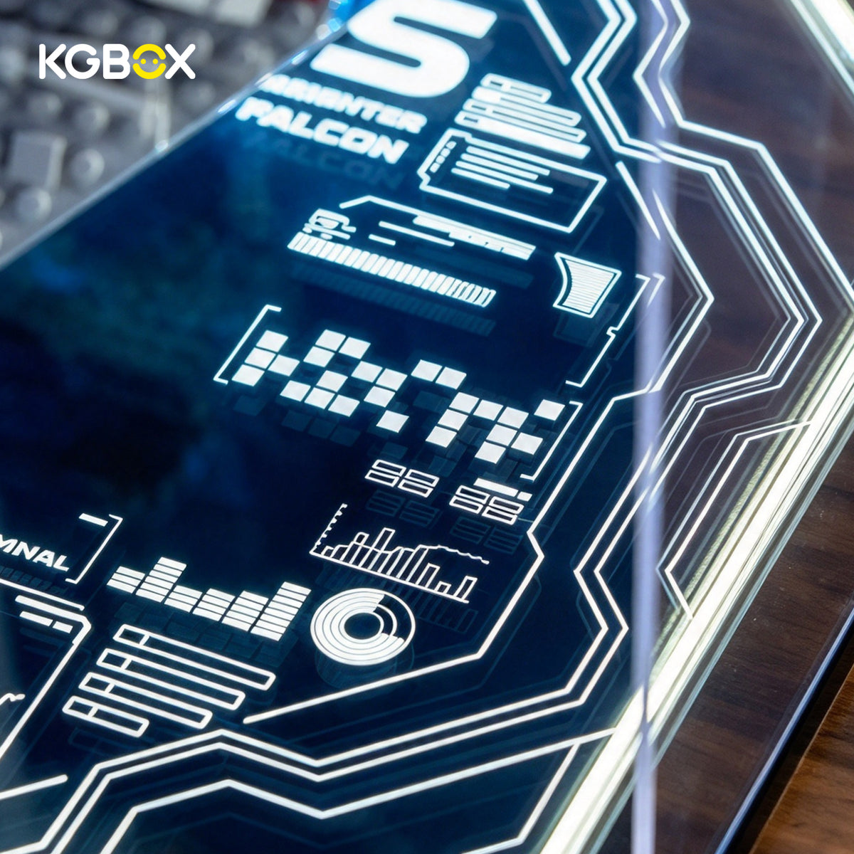 KGBOX laser-engraved base panel close-up with Millennium Falcon lettering and HUD-style circuit details for LEGO 75192 – KGBOX.