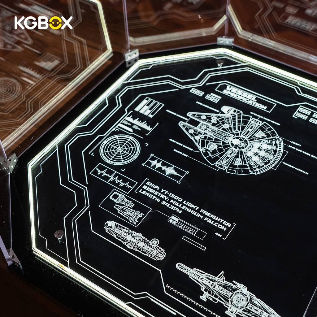 KGBOX laser-engraved base panel close-up with Millennium Falcon YT-1300 schematics and radar detail for LEGO 75192 – KGBOX