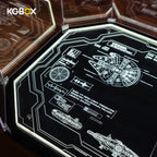 KGBOX laser-engraved base panel close-up with Millennium Falcon YT-1300 schematics and radar detail for LEGO 75192 – KGBOX