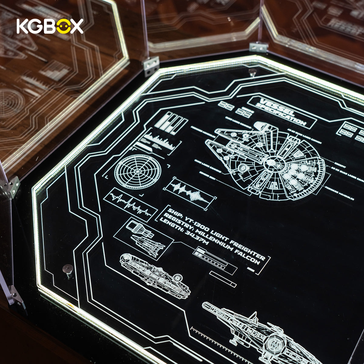 KGBOX laser-engraved base panel close-up with Millennium Falcon YT-1300 schematics and radar detail for LEGO 75192 – KGBOX