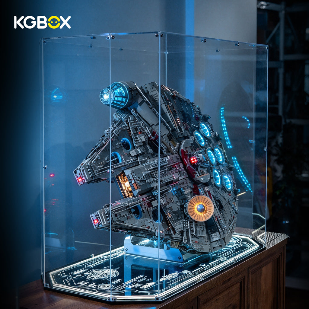 LEGO 75192 Millennium Falcon in KGBOX gem display case with remote light kit, front-left side view showing engraved base – KGBOX
