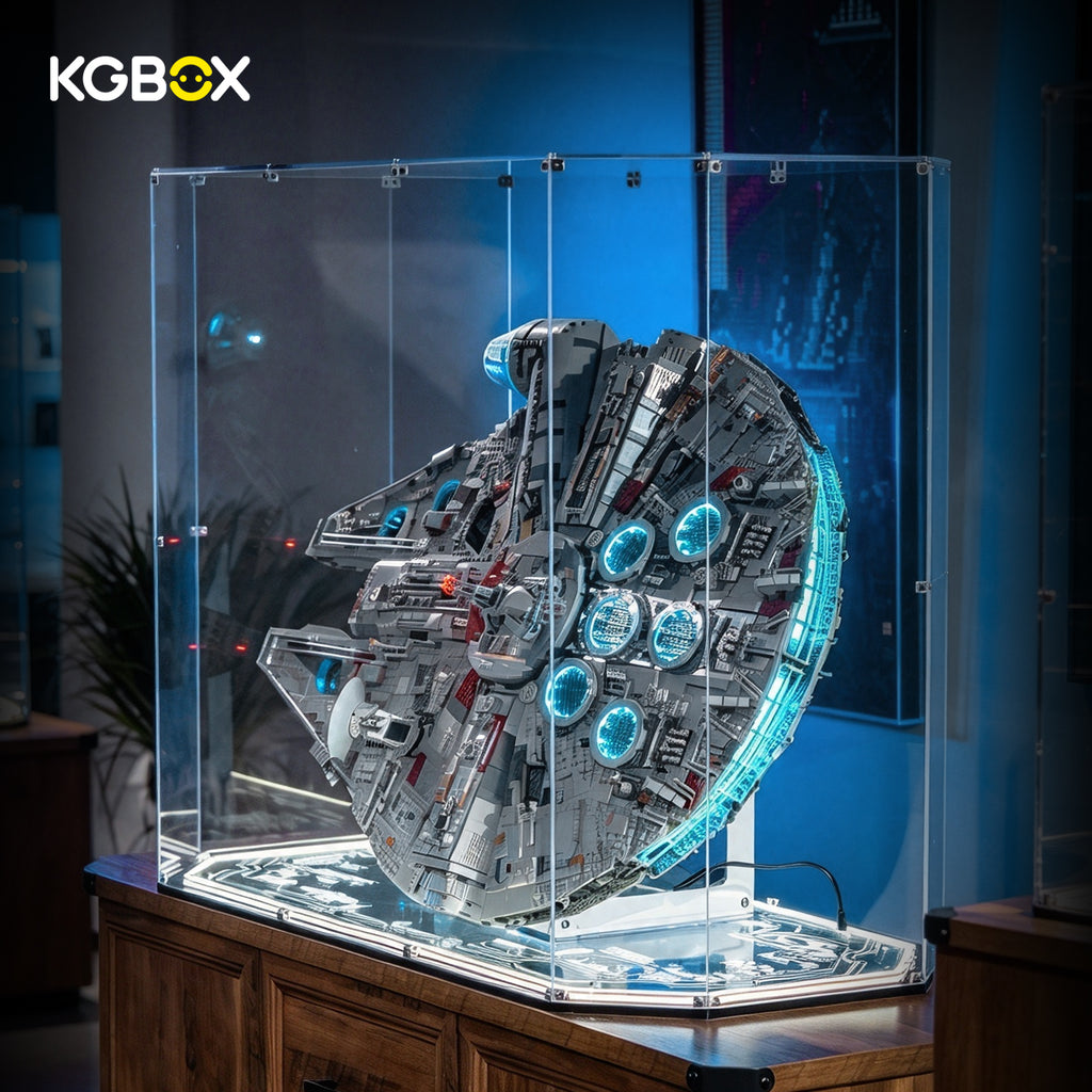LEGO 75192 Millennium Falcon in KGBOX gem display case with remote light kit, rear side view showing engine glow – KGBOX