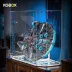 LEGO 75192 Millennium Falcon in KGBOX gem display case with remote light kit, rear side view showing engine glow – KGBOX