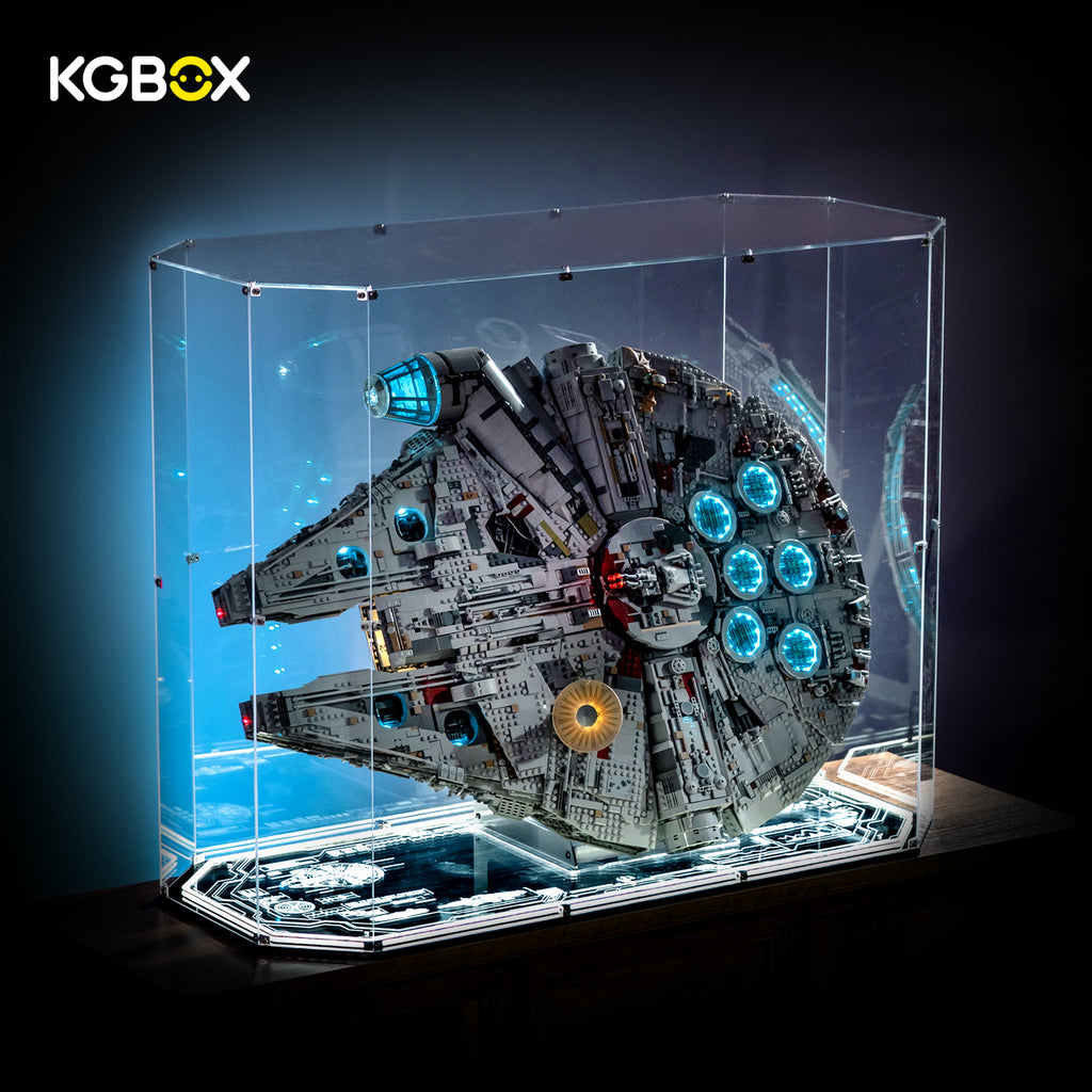 LEGO 75192 Millennium Falcon in KGBOX gem display case with remote light kit, three-quarter side view – KGBOX