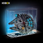 LEGO 75192 Millennium Falcon in KGBOX gem display case with remote light kit, three-quarter side view – KGBOX