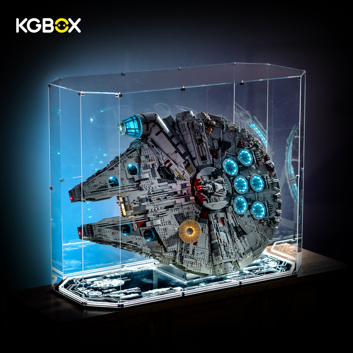 LEGO 75192 Millennium Falcon in KGBOX gem display case with remote light kit, three-quarter side view – KGBOX