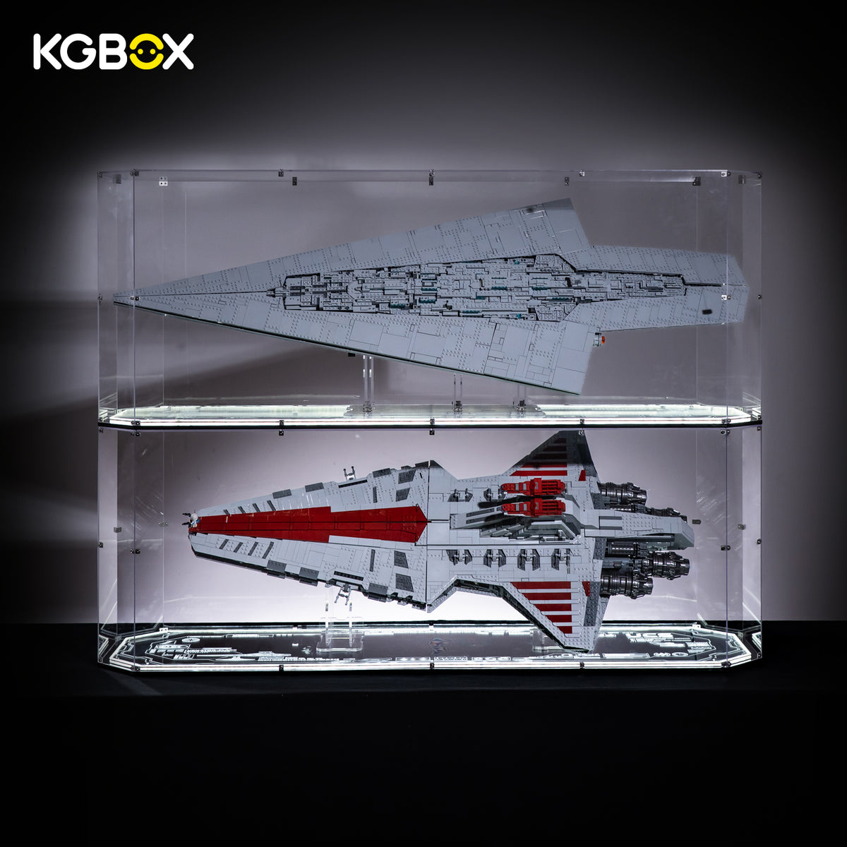 LEGO 75367 Venator gem-shaped LED display case stacked with LEGO 75457 Executor display case – KGBOX