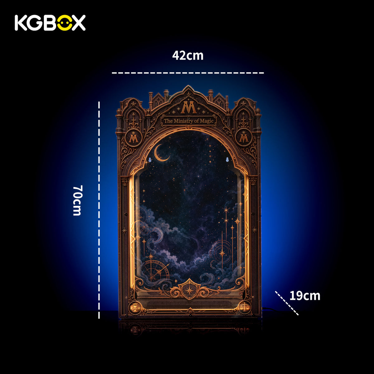 KGBOX Collector display case dimensions 42 x 70 x 19 cm (16.5 x 27.6 x 7.5 in) – arch-shaped, UV-printed front and back