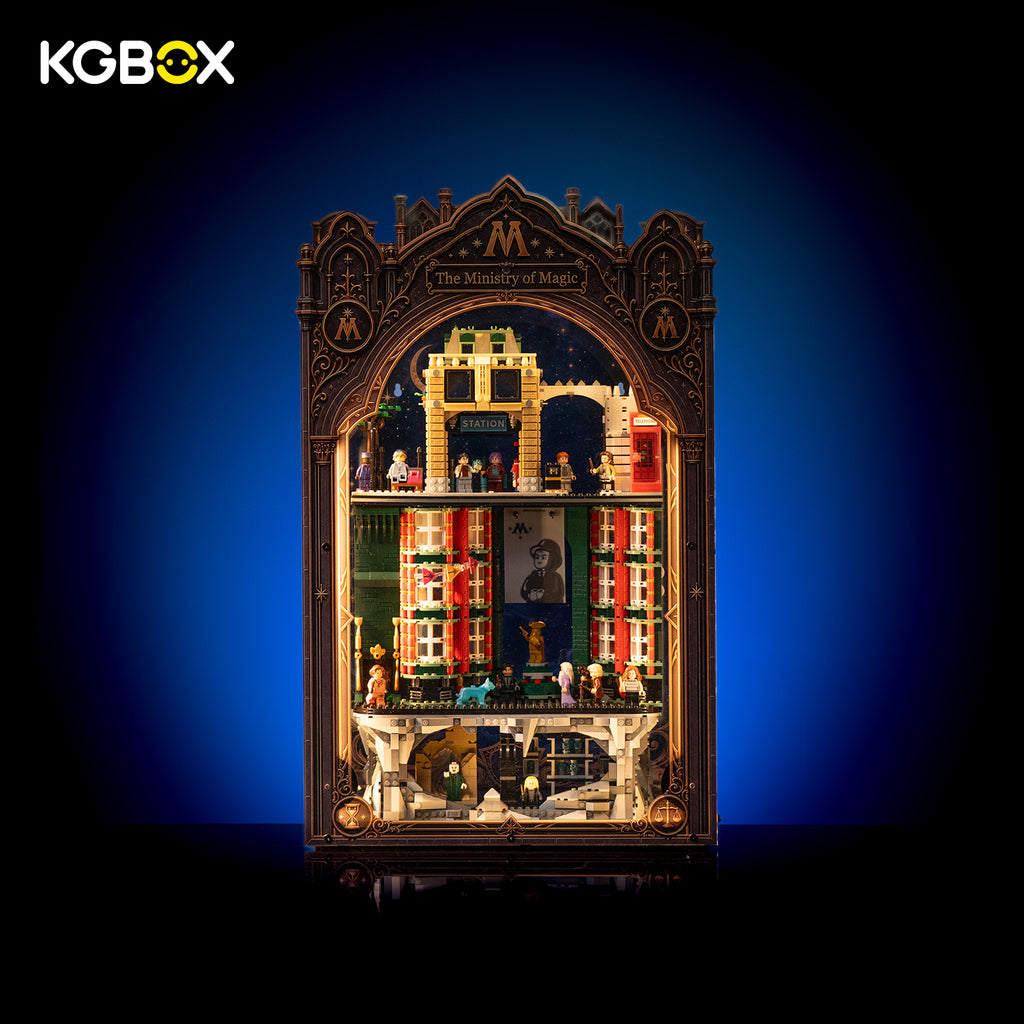 KGBOX Collector display case for LEGO 76476 The Ministry of Magic Collectors' Edition with LEGO build inside – custom arch shape, USB LED strip lit, UV-printed front and back panels
