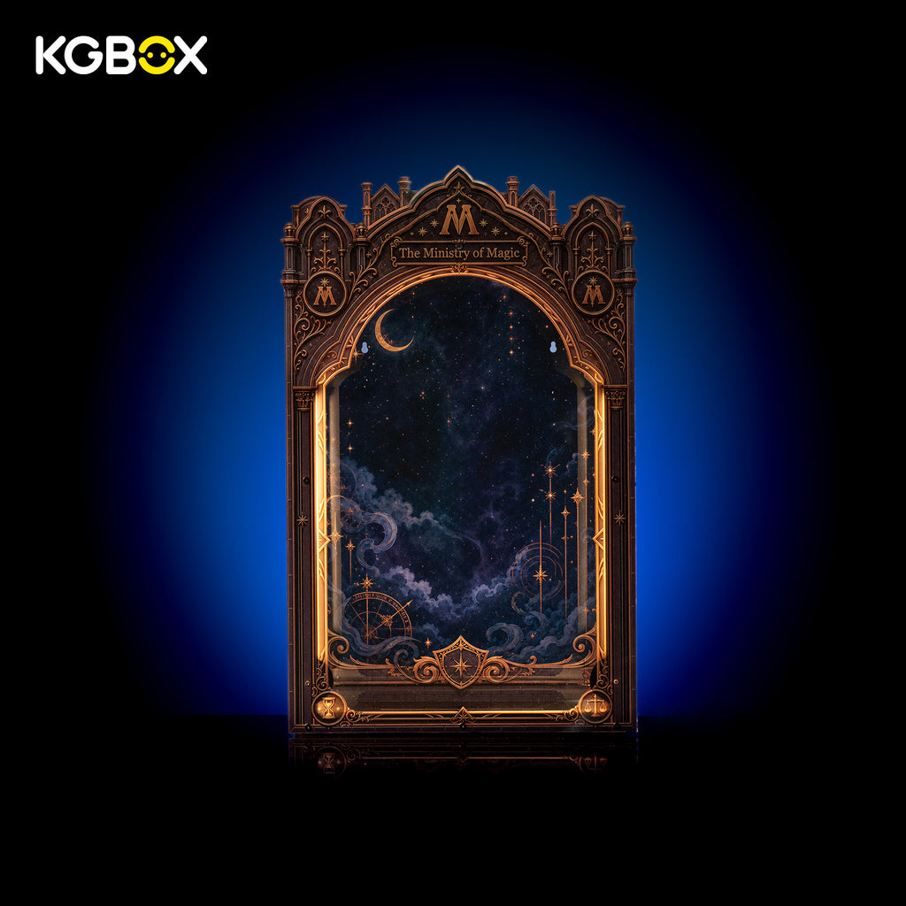 KGBOX Collector display case for LEGO 76476 Ministry of Magic – empty arch-shaped cabinet, UV-printed wizarding theme artwork