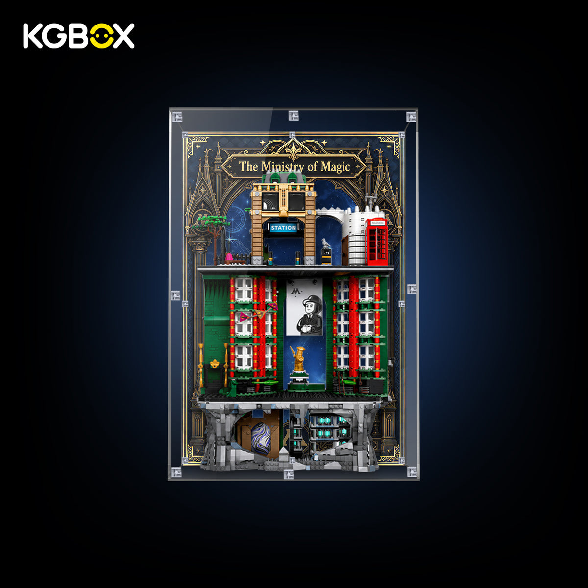 KGBOX Thickened 5mm display case for LEGO 76476 Ministry of Magic with LEGO build inside – transparent 5mm acrylic, UV-printed back panel