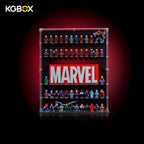 KGBOX display case for LEGO 76313 Marvel minifigures with build and MARVEL lettering - front view