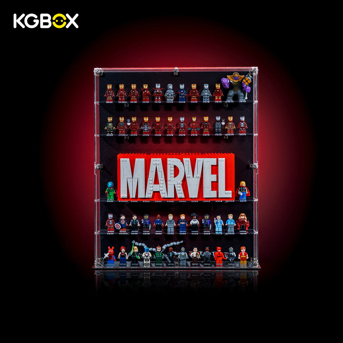 KGBOX display case for LEGO 76313 Marvel minifigures with build and MARVEL lettering - front view