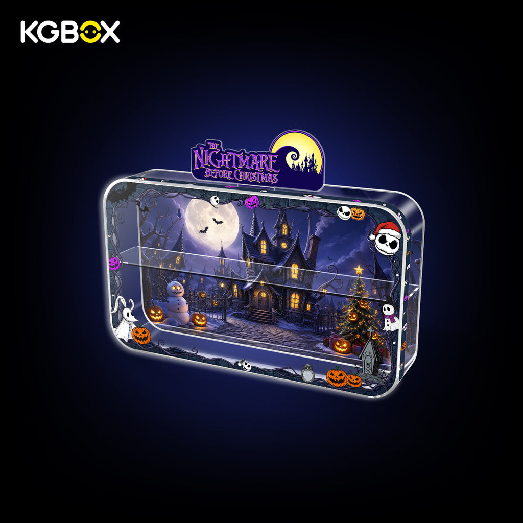 Side view of KGBOX The Nightmare Before Christmas LED acrylic display case, curved one-piece, USB powered