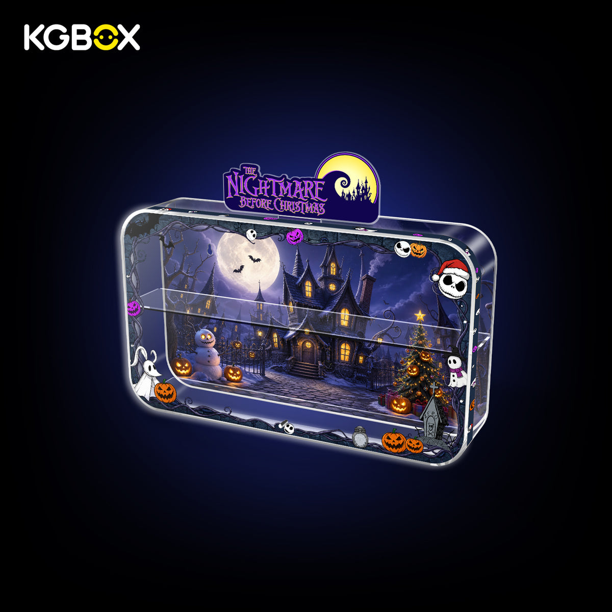 Side view of KGBOX The Nightmare Before Christmas LED acrylic display case, curved one-piece, USB powered