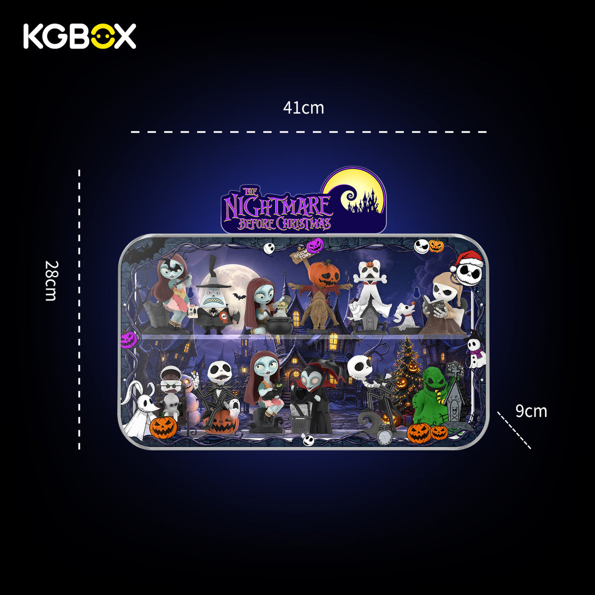 KGBOX The Nightmare Before Christmas LED acrylic display case size diagram – 41 x 28 x 9 cm, curved one-piece, magnetic door, USB powered