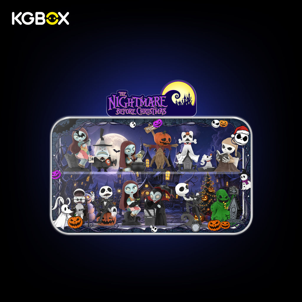 KGBOX The Nightmare Before Christmas LED acrylic display case with collectible figures inside, custom UV printed Halloween Town art, magnetic front panel