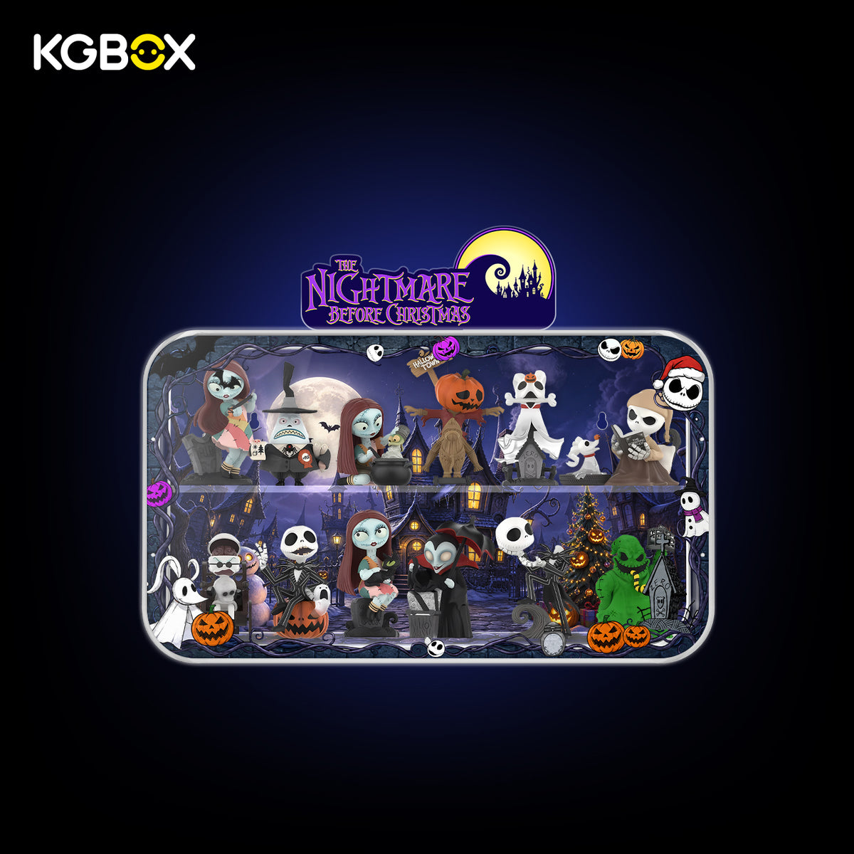 KGBOX The Nightmare Before Christmas LED acrylic display case with collectible figures inside, custom UV printed Halloween Town art, magnetic front panel