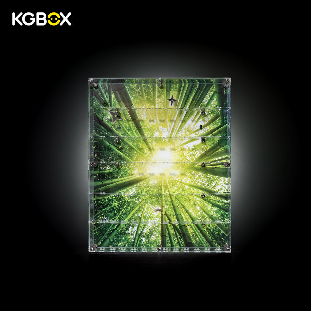 KGBOX clear acrylic display case for LEGO Ninjago minifigures , empty 6-shelf case with bamboo forest backdrop