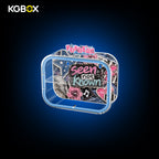 Empty side view of KGBOX curved acrylic display case for SKULLPANDA Off Mode, magnetic door, custom UV art