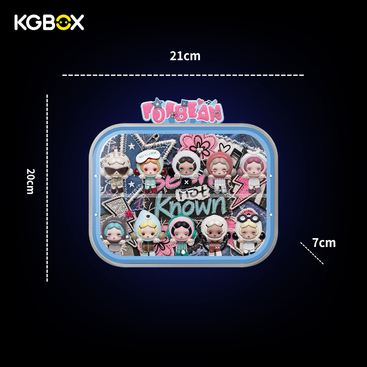 KGBOX curved acrylic display case for SKULLPANDA Off Mode size diagram, 21 x 20 x 7 cm, custom UV art front and back, magnetic door