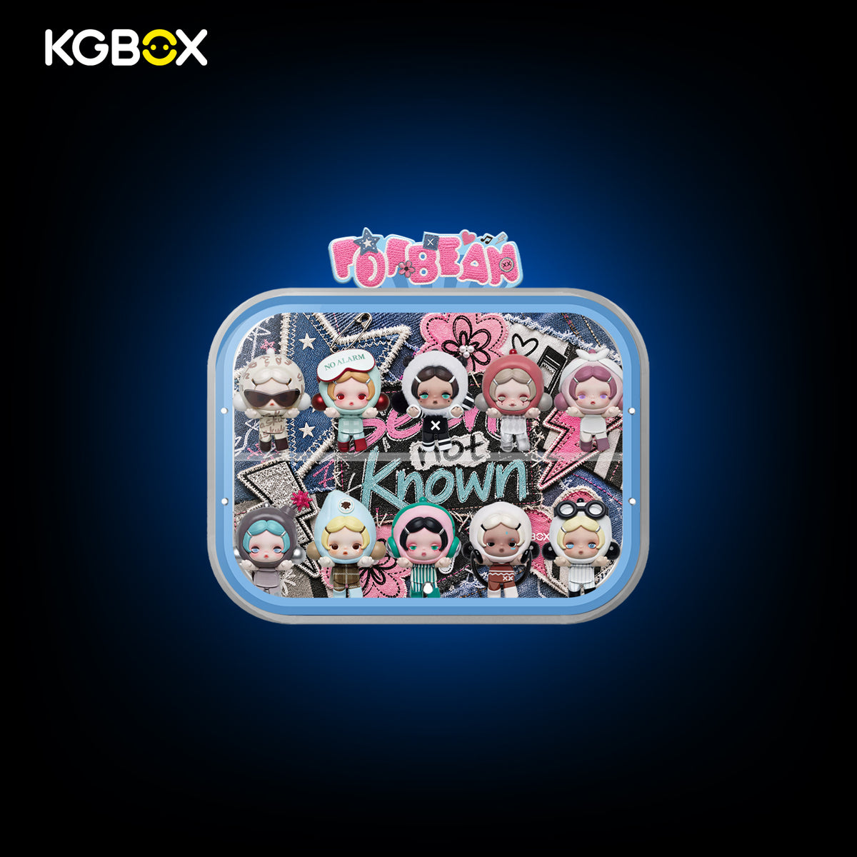 Front view of KGBOX curved acrylic display case for SKULLPANDA Off Mode with collectible figures inside, custom UV art, magnetic door