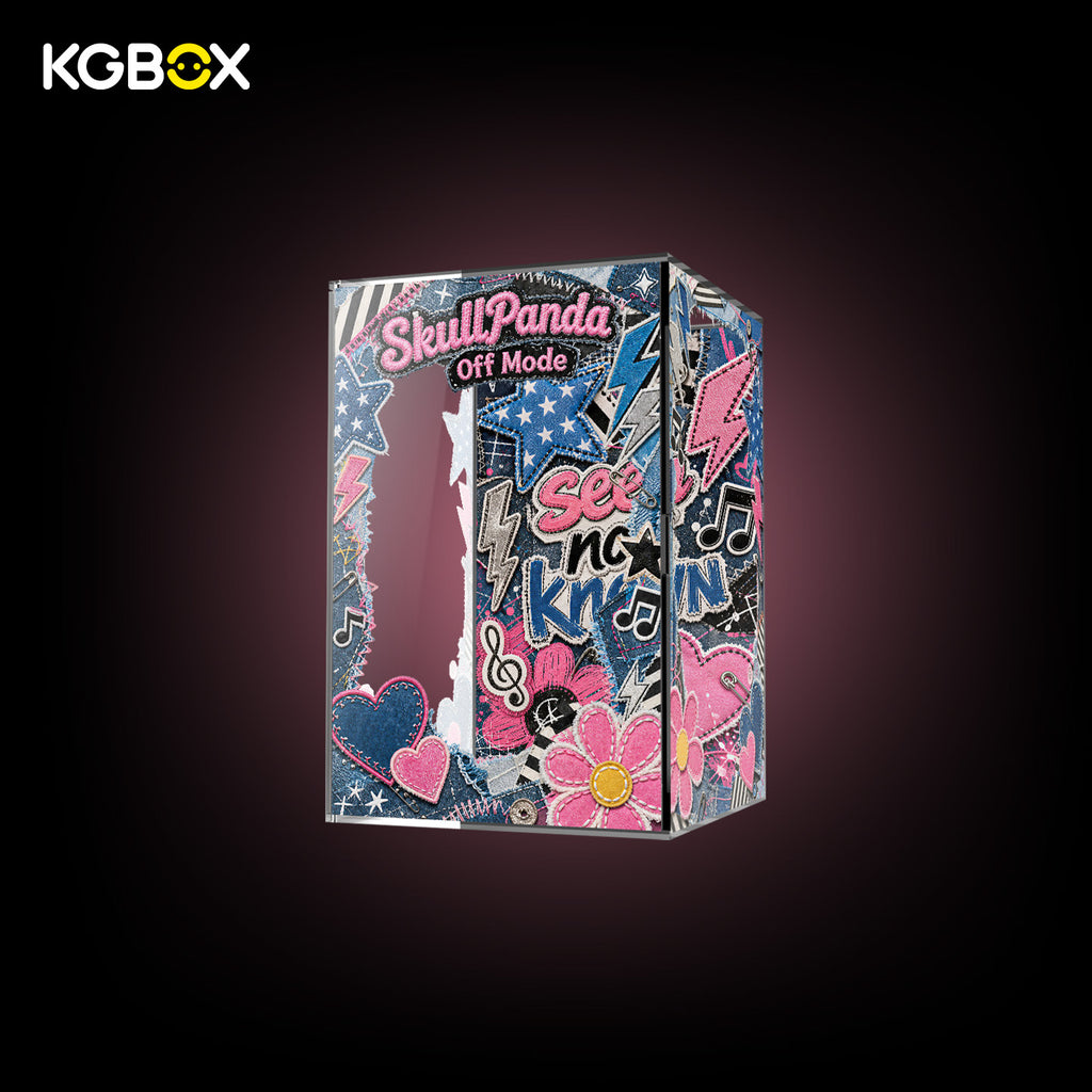 KGBOX SKULLPANDA Off Mode plush display case, empty side view, door-opening design, 5-side custom UV printed denim patchwork art, pink and blue