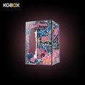 KGBOX SKULLPANDA Off Mode plush display case, empty side view, door-opening design, 5-side custom UV printed denim patchwork art, pink and blue