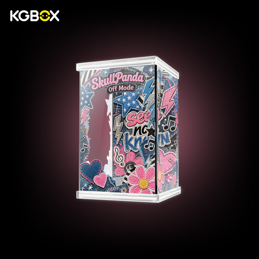 KGBOX SKULLPANDA Off Mode plush display case with optional top and bottom LED light box glowing, empty side view, door-opening design