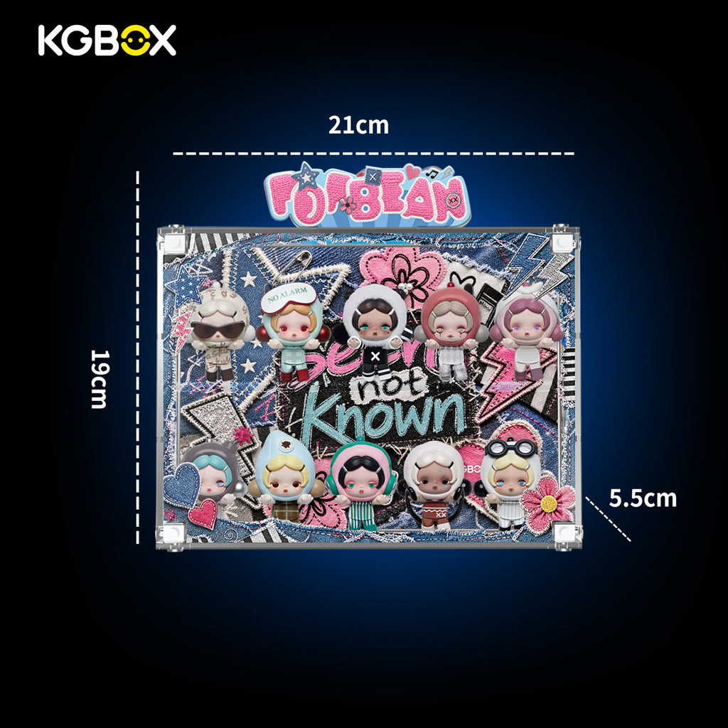 KGBOX screw assembly acrylic display case for SKULLPANDA Off Mode size diagram, 21 x 19 x 5.5 cm, custom UV art on four sides, magnetic door