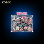 Front view of KGBOX screw assembly acrylic display case for SKULLPANDA Off Mode with collectible figures inside, custom UV art, magnetic door