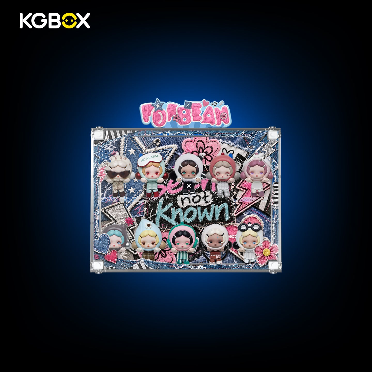 Front view of KGBOX screw assembly acrylic display case for SKULLPANDA Off Mode with collectible figures inside, custom UV art, magnetic door