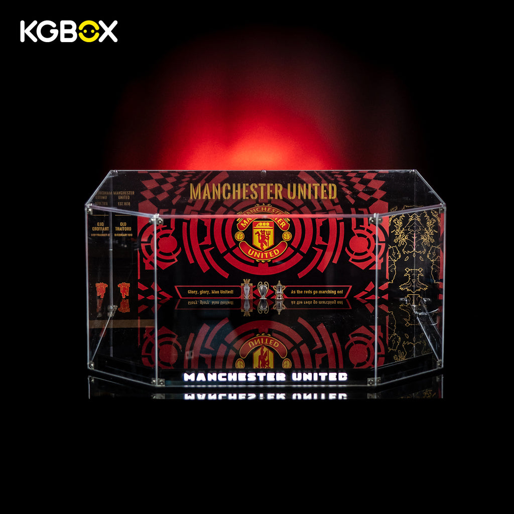 Close-up of UV patterned backplate inside KGBOX display case for LEGO 10272 Old Trafford