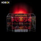 Close-up of UV patterned backplate inside KGBOX display case for LEGO 10272 Old Trafford