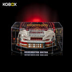 KGBOX LED UV display case for LEGO 10272 Old Trafford Stadium, lit front view with assembled Manchester United stadium set