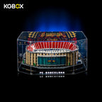 KGBOX desktop acrylic display case for LEGO 10284 Camp Nou, natural light front shot with full stadium model