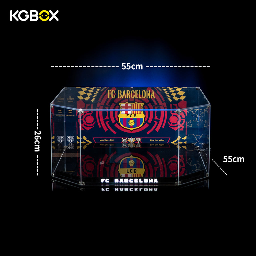 Official dimension size chart for freestanding KGBOX acrylic display case fitting LEGO 10284 Camp Nou Stadium, full length width height measurements