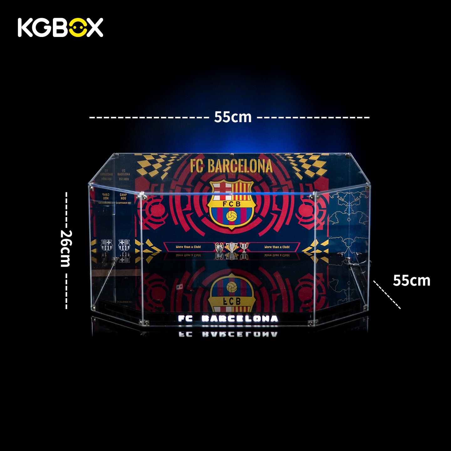 Official dimension size chart for freestanding KGBOX acrylic display case fitting LEGO 10284 Camp Nou Stadium, full length width height measurements