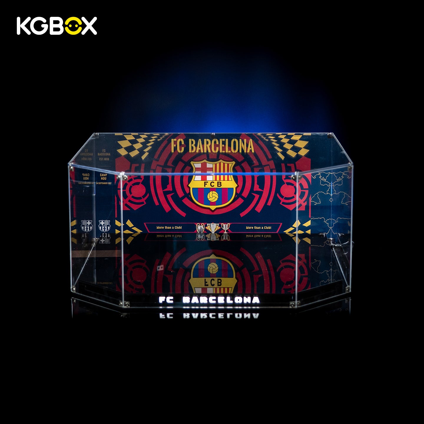 Empty freestanding KGBOX acrylic display case custom-sized for LEGO 10284 Camp Nou Stadium