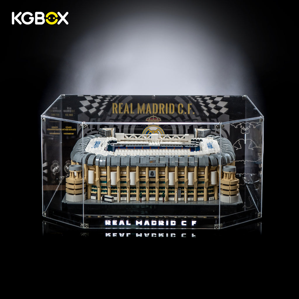 KGBOX desktop acrylic display case for LEGO 10299 Bernabéu, natural light front shot with full stadium model
