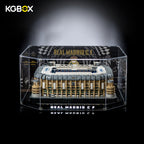 KGBOX desktop acrylic display case for LEGO 10299 Bernabéu, natural light front shot with full stadium model