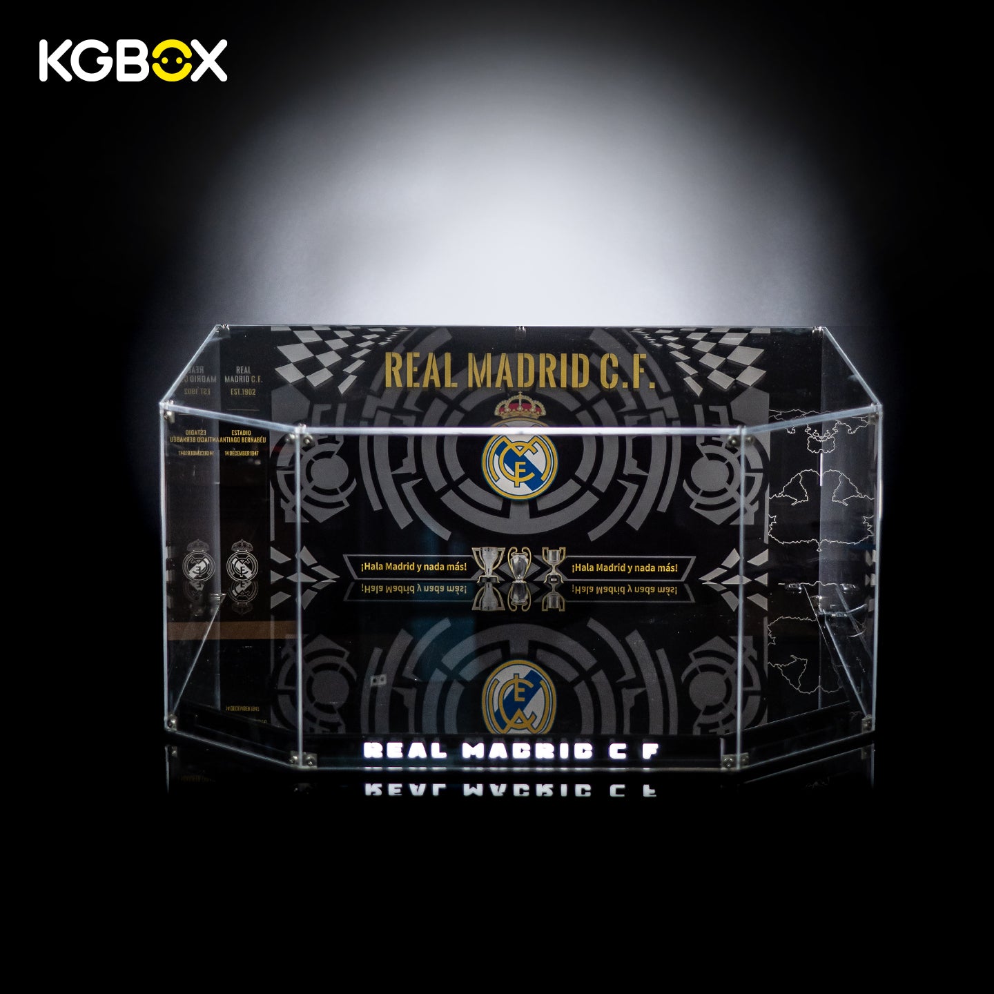 Empty freestanding KGBOX acrylic display case custom-sized for LEGO 10299 Santiago Bernabéu Stadium