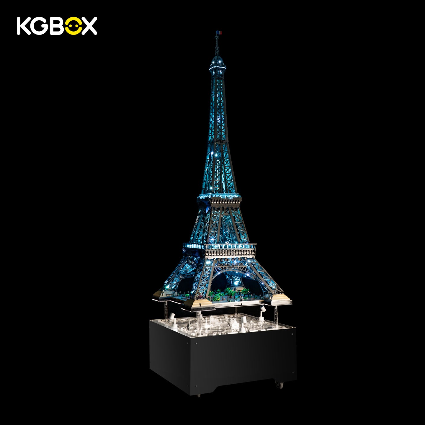 KGBOX LED engraved display base for LEGO 10307 Eiffel Tower, lit Paris city map platform with 3D landmark relief, hidden movable casters